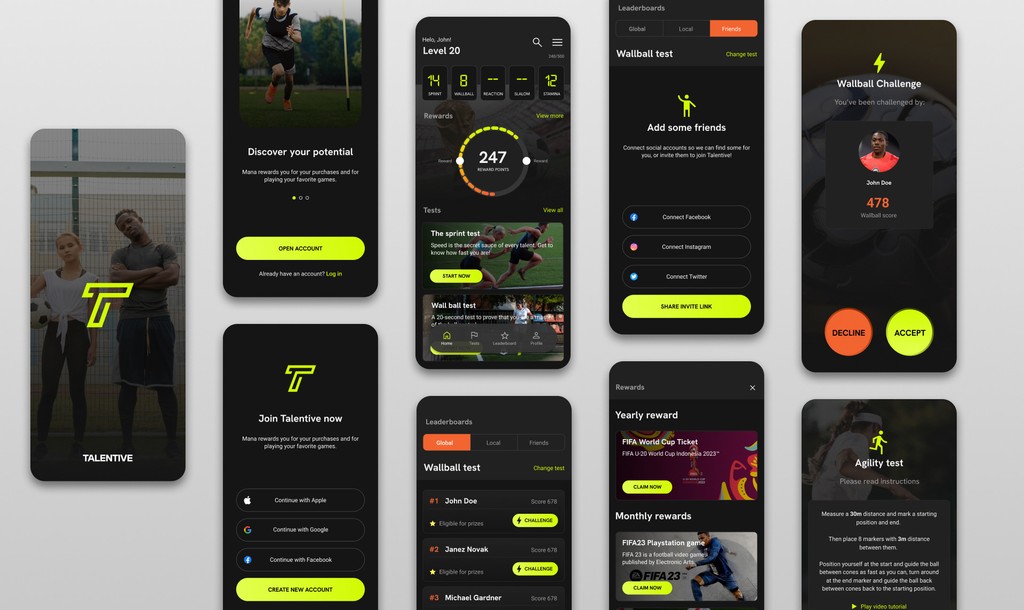 Talentive iOS screens — onboarding, Level 20 home with reward points, sprint and wallball tests, leaderboards and rewards